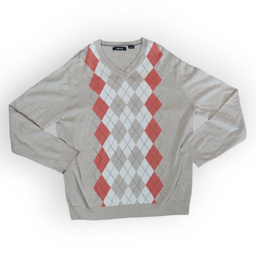 Claiborne Argyle Diamond Sweater V-Neck 100%Cotton, Size: Large Men Long sleeve